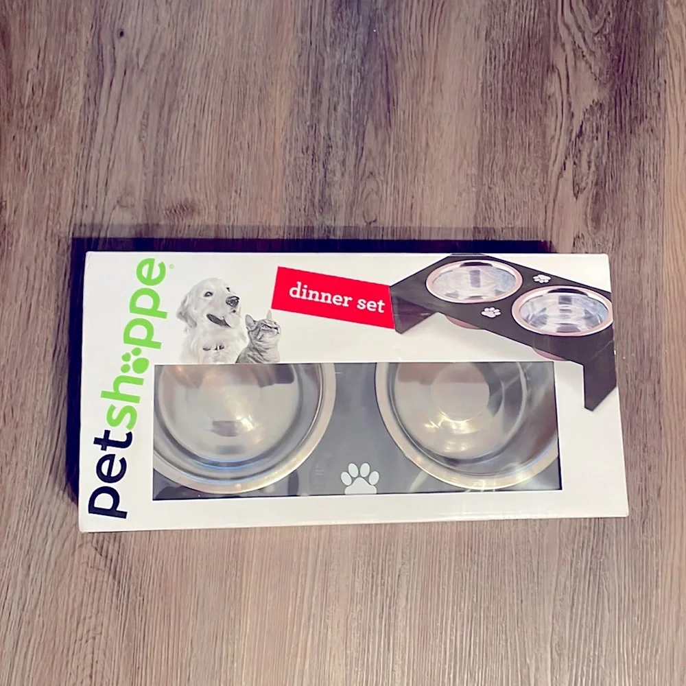 Petshoppe Pet Dinner Set Stainless Steel Bowls Elevated Black Wood Frame Dog Cat